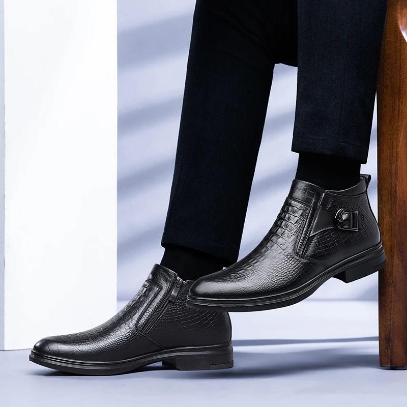Fashion Mens Genuine Leather High Quality Boots Fashion Causal Boots Chelsea Shoes Pointed Boots Business Warm Plush Cowboy Ankle Boots
