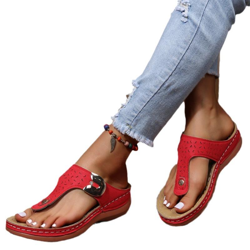 Women's Flip Flop Sandals, Round Toe Cut-Out Design Metal Buckle Wedge Heel, Solid Color Outdoor Comfort Slides for Women