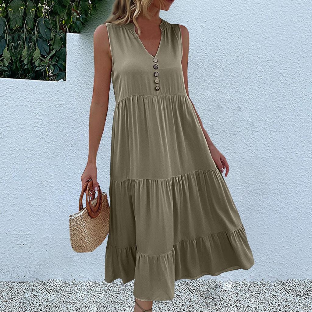 Women's Fashion Sleeveless Pleated Loose V-Neck Mid-Length Solid Colour Dresses