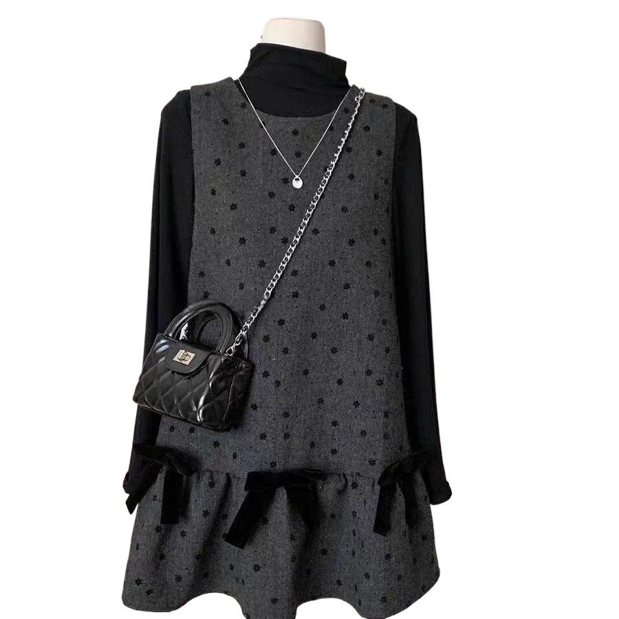 Gray Polka Dot Vest Dress - Women's Autumn/Winter Miu Style, Sleeveless with Bow and Layered Design
