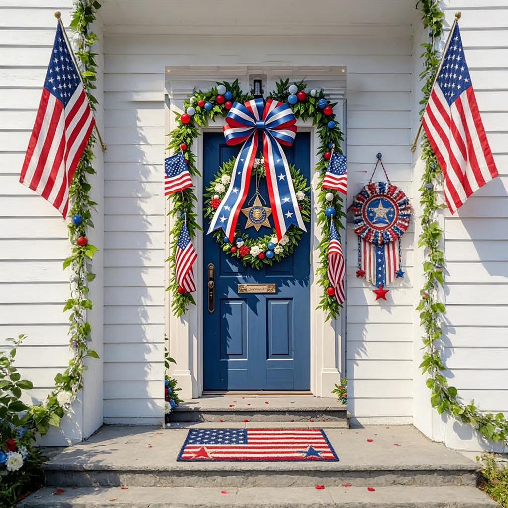 Patriotic Wreath with Decorative Bow and Star Elements for Front Door Indoor Outdoor Festival Use Holiday Decor