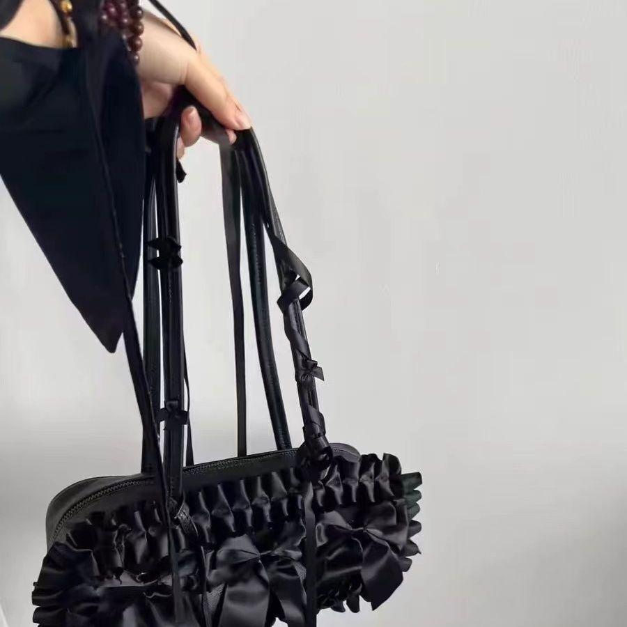 

Bows Korean Style Black Underarm Bags Pu Leather Retro Shoulder Bags Ruched Design Punk Handbags Casual Boston Bags For Women чёрный