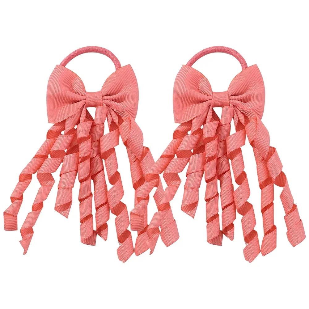 RAINBOW BOWS Grosgrain Ribbon Long Hair Ties Bows for Baby Girls Curly Hair Bows Elastic Colorful Kids Hair Band 2Pcs/lot Whole