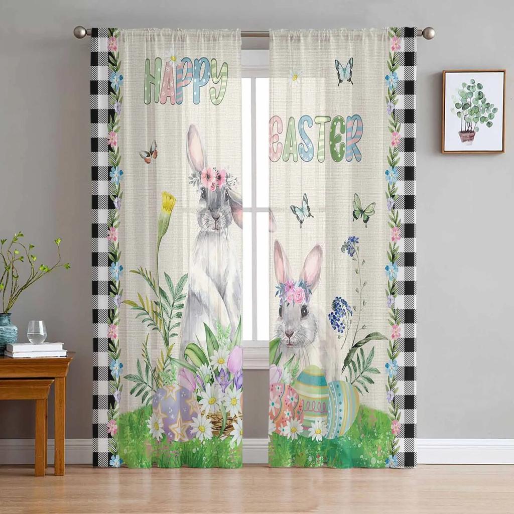 Osterhasen-Blumen-Schmetterlings-Aquarell-Kaninchen-Tüllvorhänge für Wohnzimmer, Küche, durchsichtiger Voile-Vorhang, Schlafzimmer-Fensterpaneele