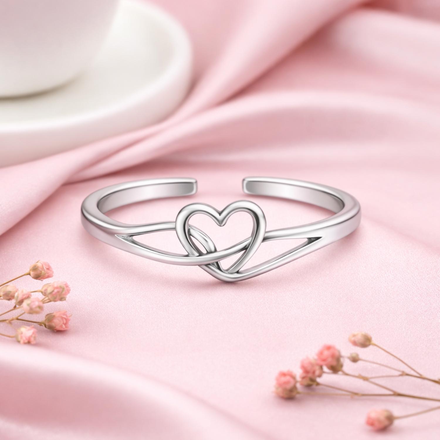 Intertwined Love Knot Heart Adjustable Open Ring –925 Sterling Silver 5 белый