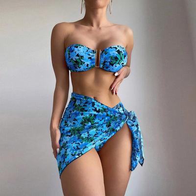 New Sexy Printed Floral Backless Halter Swimsuit Women's Swimwear Split Three Piece Bikini Set