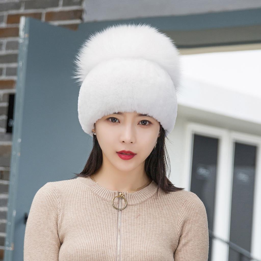Women Winter Luxury Rabbit Fur Hat Knitted Rex Rabbit Fur Hat Top  Fox Fur Cap Genuine Fox Fur Beanies Hat