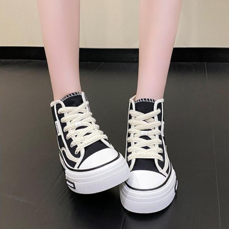 Spring, Summer, Autumn and Winter Women's Shoes Women's Sneakers Canvas Shoes Mid-cut Round Toe Lace-up Casual All-match Shoes