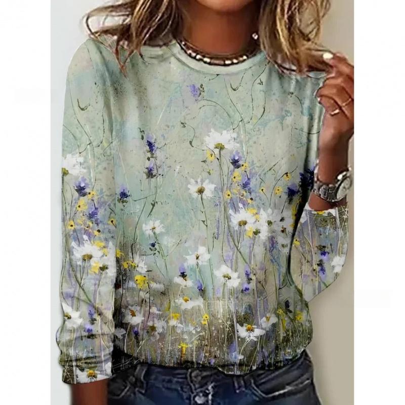 Popular Style Printed Long Sleeve T-shirt Floral Print Women's Clothing