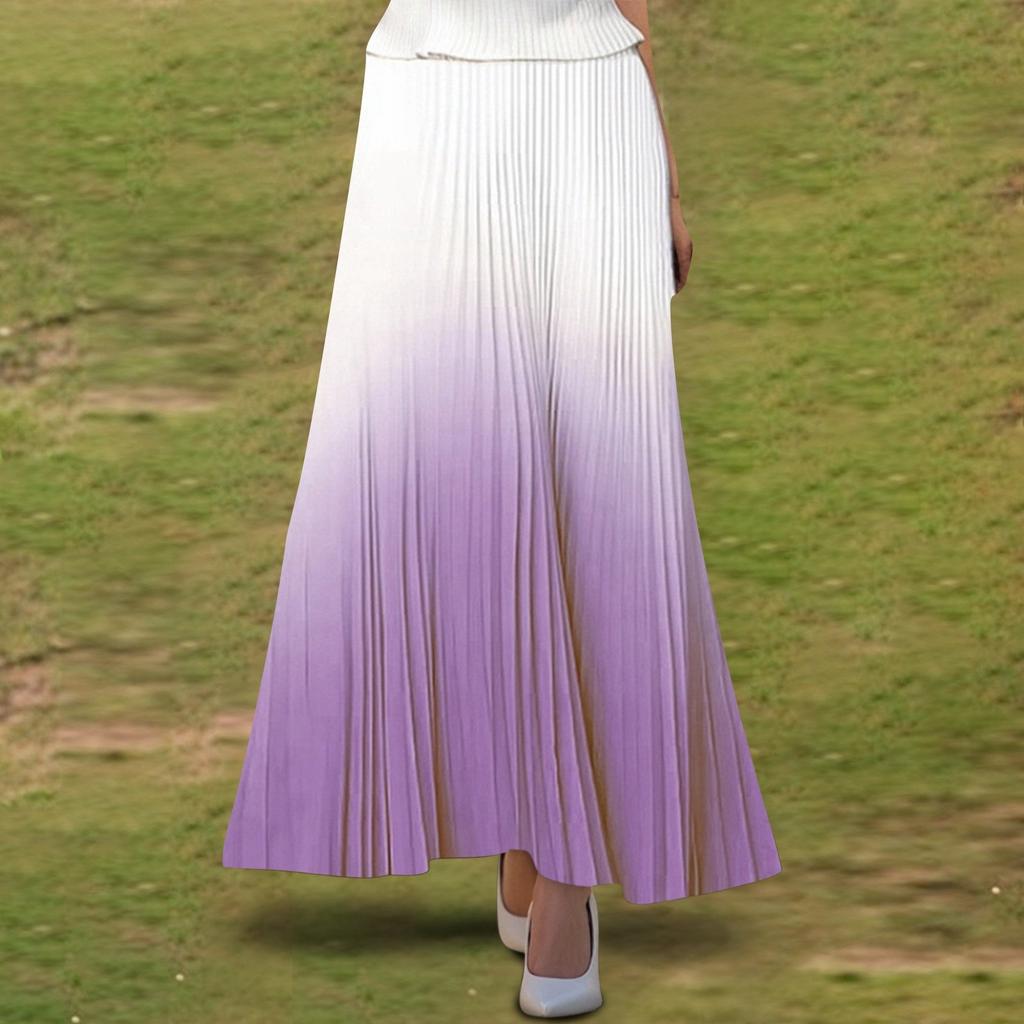 Women's  Casual Pleated Gradient Skirt, Pleated A-line Skirt, Large Swing Floor-length Skirt