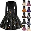 Women's Casual Vintage V Neck Dress Halloween Print Long Sleeve Retro Style A Line Midi Dress with Waist Tie Belt
