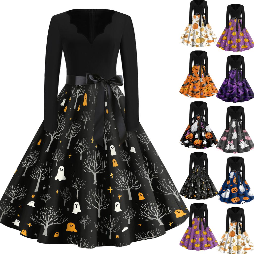 Women's Casual Vintage V Neck Dress Halloween Print Long Sleeve Retro Style A Line Midi Dress with Waist Tie Belt