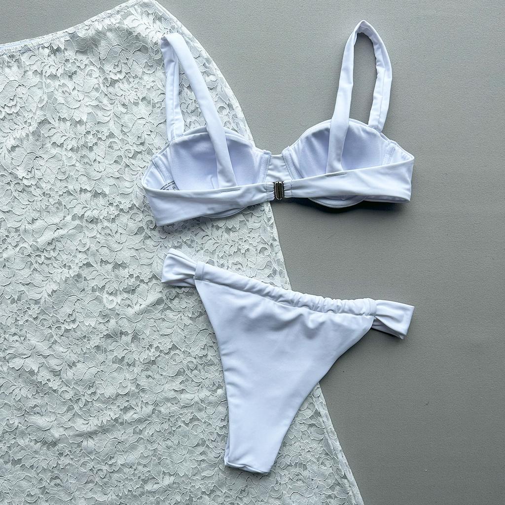 OFTBUY Letní Sexy Jednobarevné Dlouhé Šaty Oblek Plavky Ženy 3dílná Bikini Sada Kosticová Nevycpávaná Podprsenka Hladké Plážové Plavky Dámské Ocelová Kostice Hrudní Vycpávka