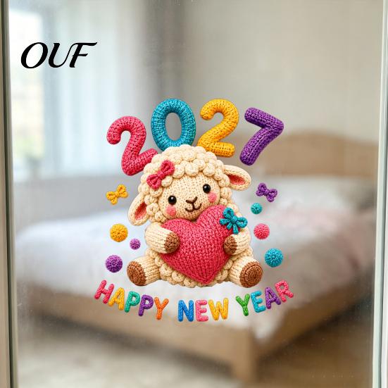 Cute Lamb Window Decals Chinese New Year Stickers, 2027 Goat Static Clings, No Glue Decorations Crochet Knit Sheep Decals, Reusable Decor for