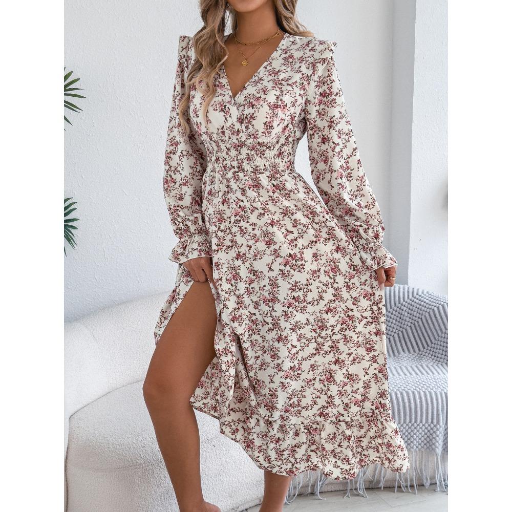 Women's Elegant Floral Cross V-Neck Waist Ruffle Long Dresses