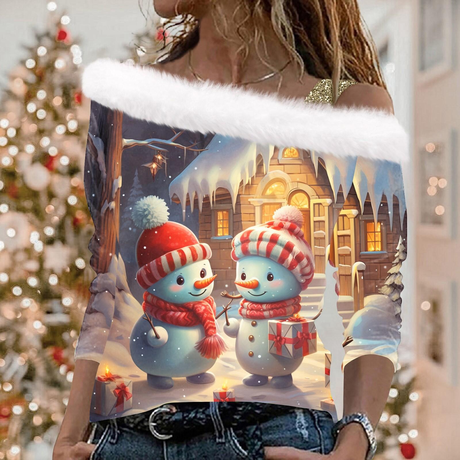 

Женские топы с длинными рукавами. Модные женские свободные пуловеры с открытыми плечами с рождественским принтом. XXL