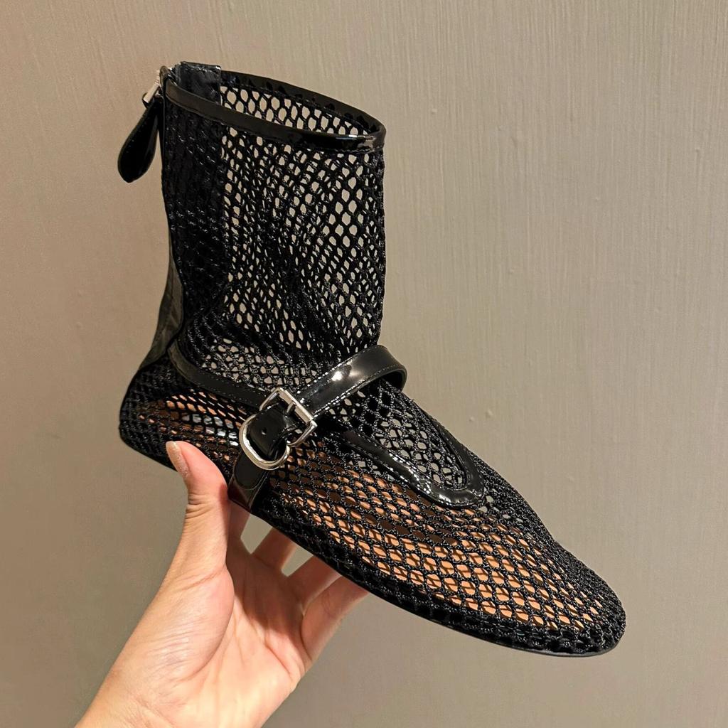 Fashion New black round toe flat net lace Roman sandals European and American runway sexy short boots trendy women