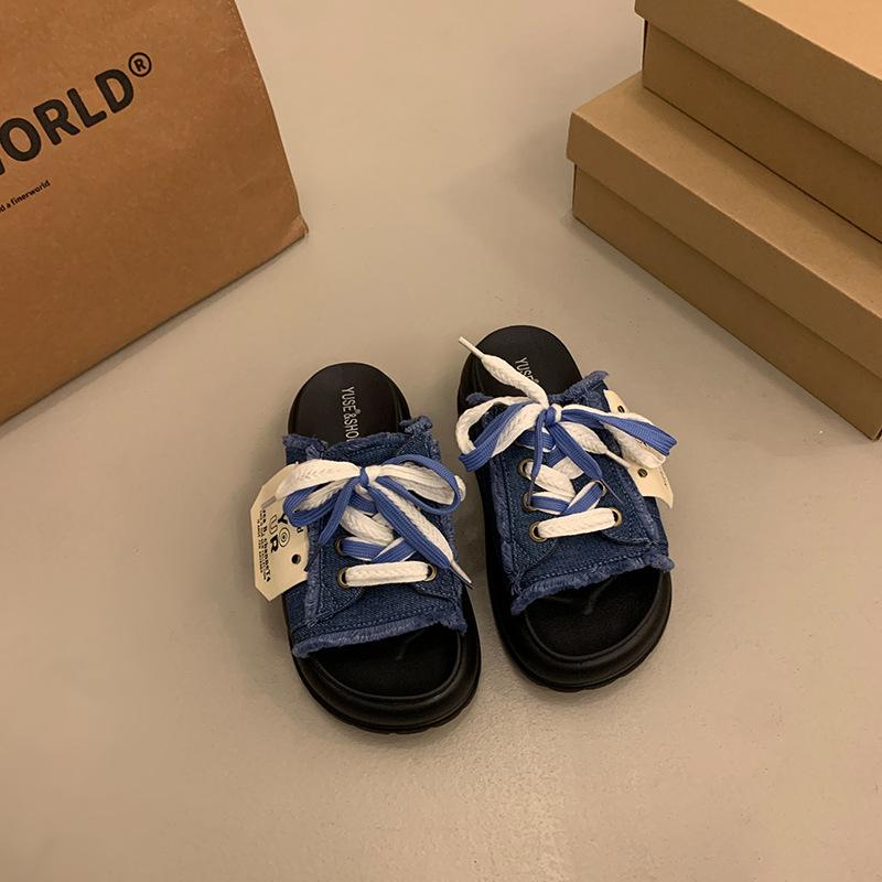 

Slippers women s summer new personalized smiley face thick-soled canvas one-word color small fresh sandals 40 синий