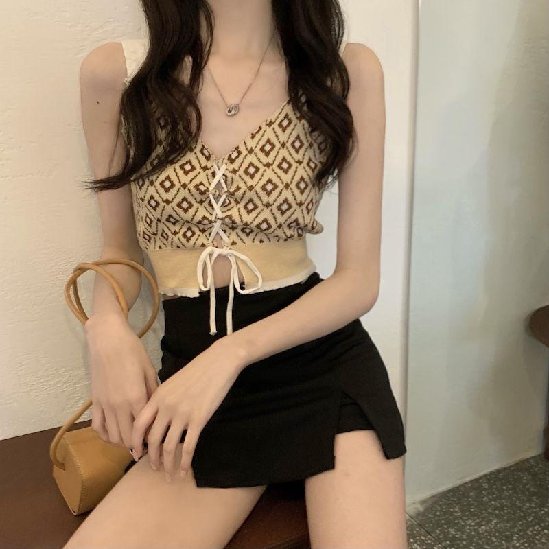 Printed Deep V Neck Vest For Women's Tank Tops Tie Design Girls Y2K Tops Street Wear for Lady