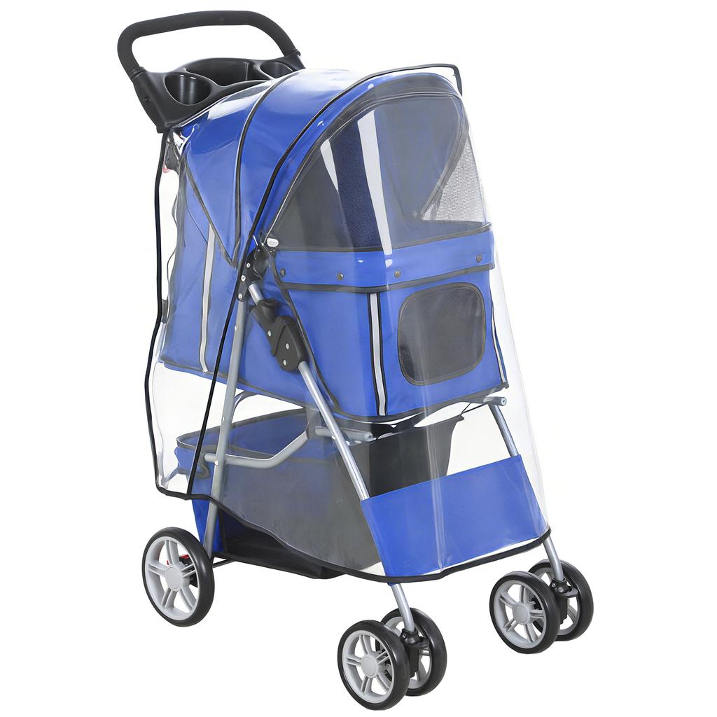 Dog Stroller Dog Buggy Foldable Cat Stroller Up To 10kg with Rain Cover, Reflective Strips, Storage Basket, 77x44x102cm, Blue