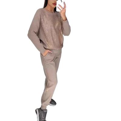 Women's Sets Plus Size Solid Color Long Sleeve Crew Tie Pockets Rhinestone Sweatshirt Pants Set of 2
