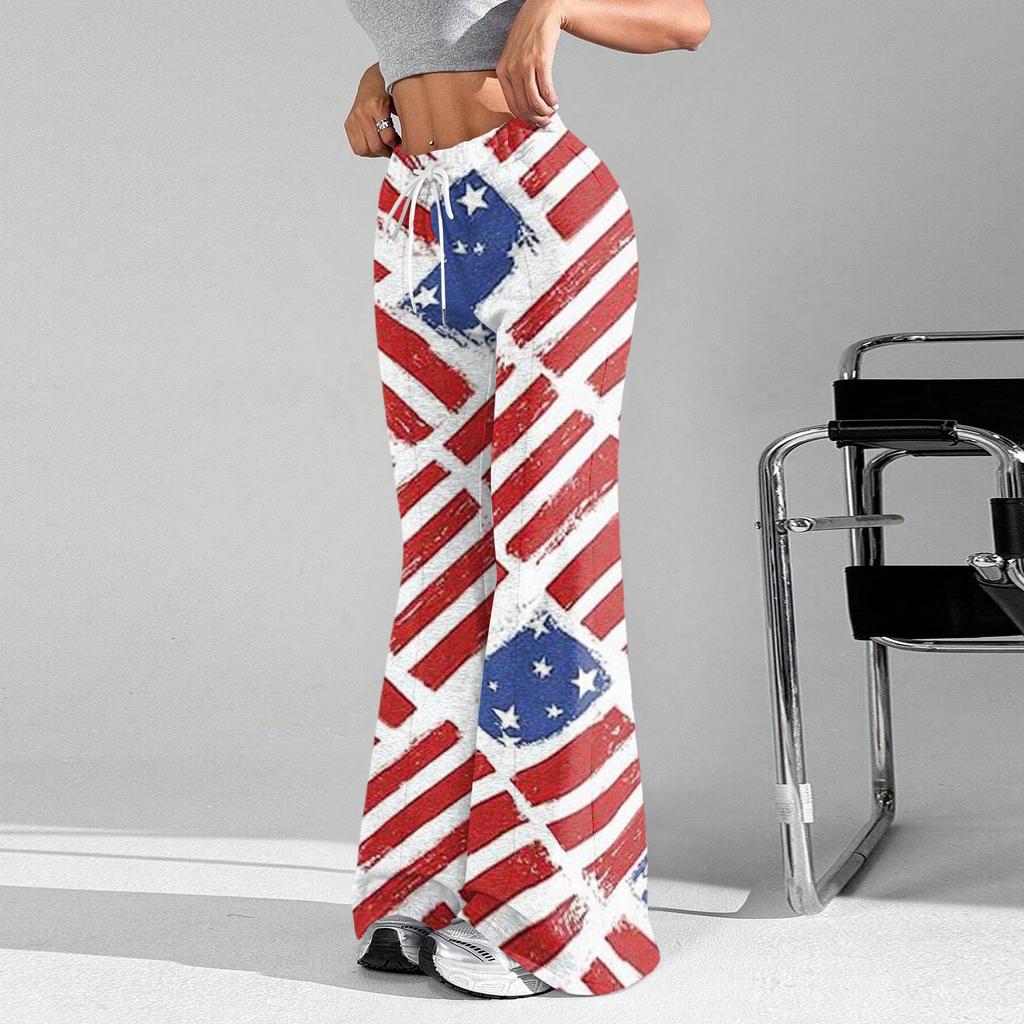 Women's Fashion Loose Drawstring Tight Waist Independence Day Printed Casual Sports Pants Casual Flared Pants