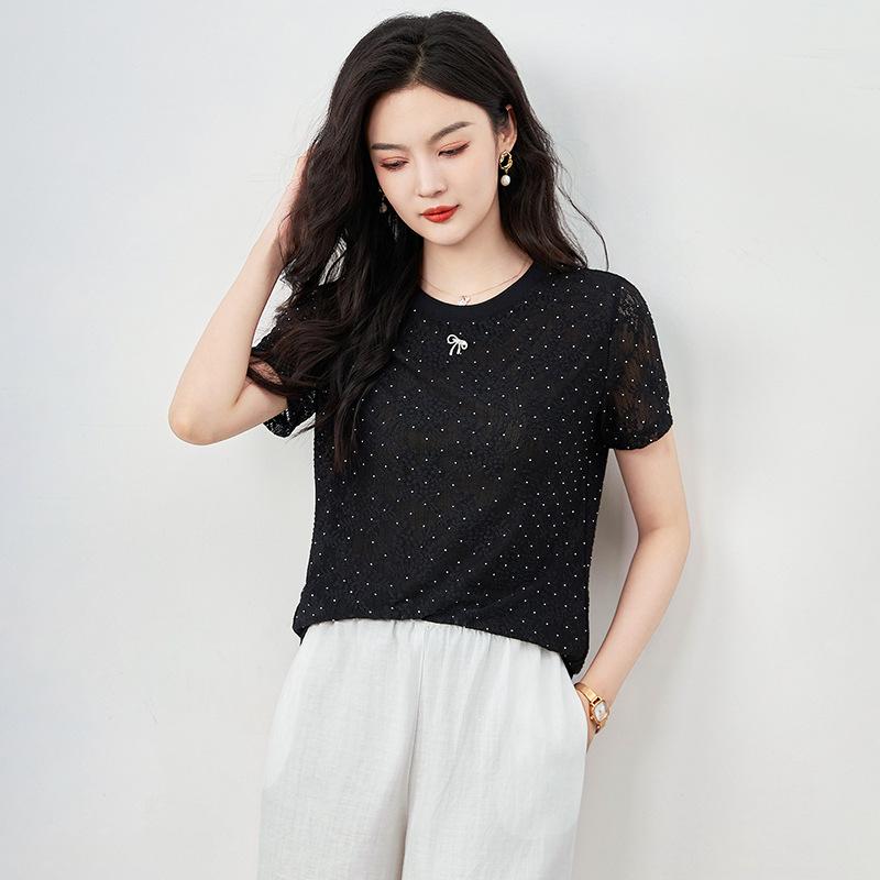 

Heavy Industry Hot Drill Elastic Bubble Mesh Top - Luxury Casual Fitted Women s Summer T-Shirt L абрикосовий