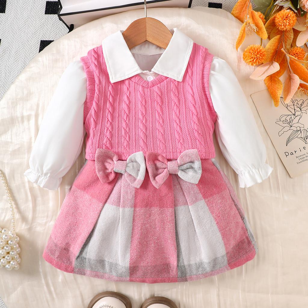 Children Girl Set Splicing Checkered Skirt Mini Bag Set Suitable Girls Autumn College Style Set