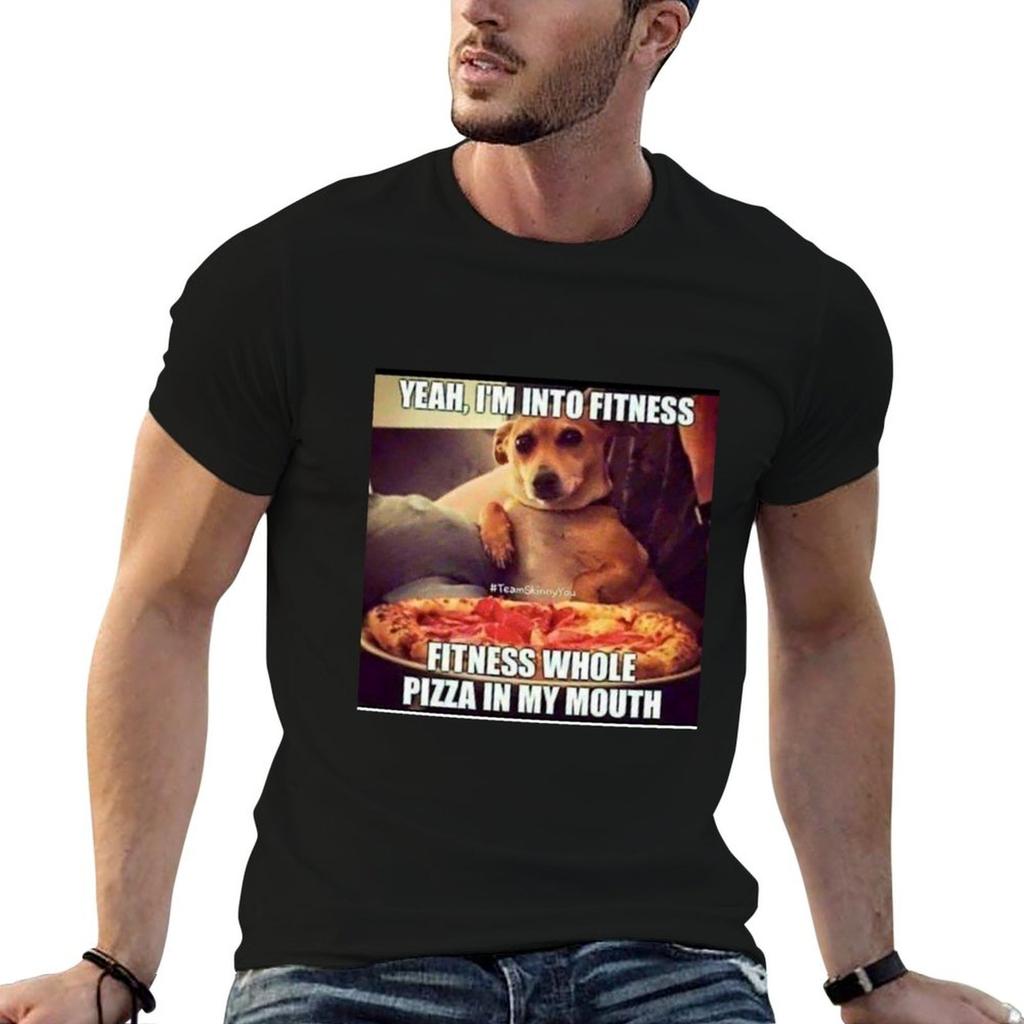 Yeah Im Not Into Fitness Fitness Whole Pizza In My Mouth Meme Tshirt Simple Solid Color Crew Neck Tee