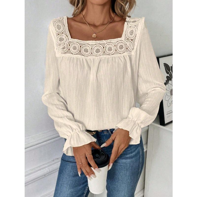 Blusa da Donna con Scollo Quadrato e Bordi in Pizzo, Texture Pieghettata, Maniche Lunghe a Svasatura, Top Casual Monocolore