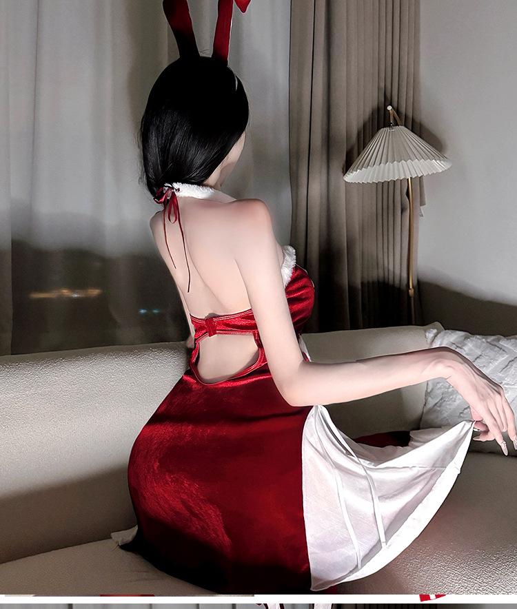 Christmas Bunny Girl Lingerie Costume: Backless Role Play Nightwear Dress