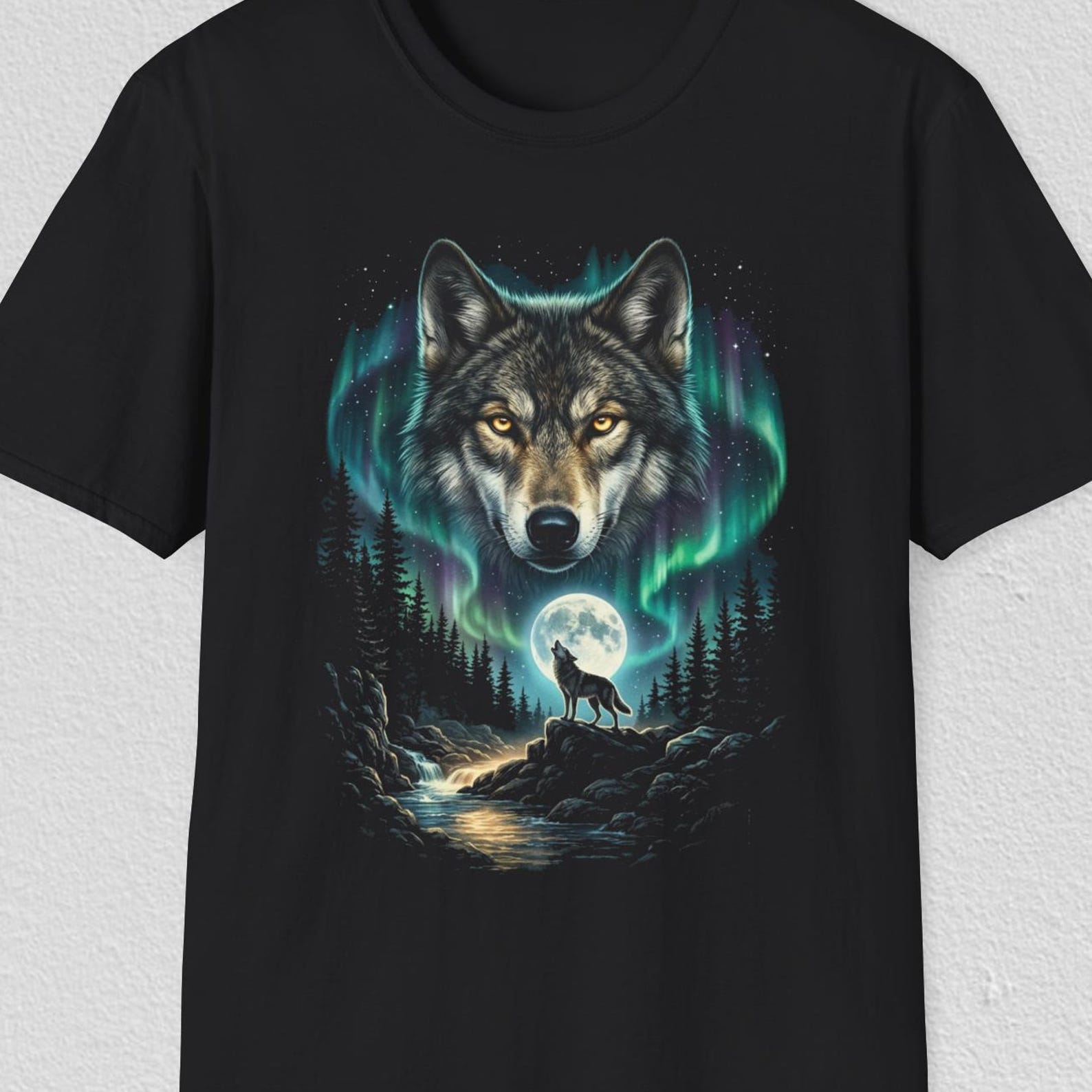 Wolf Moon Shirt, Howling Wolf T shirt, Aurora Wolf Shirt, Northern Lights Wolf Tee, Night Forest Animal Shirt, Wildlife Lover Tee Gift 3XL
