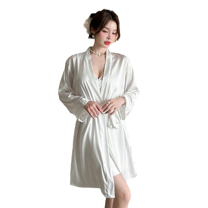 Satin Chiffon Spring and Autumn New Silk Long-sleeved Pajamas Sexy Ice Silk Pajamas Women's Summer with Chest Pads
