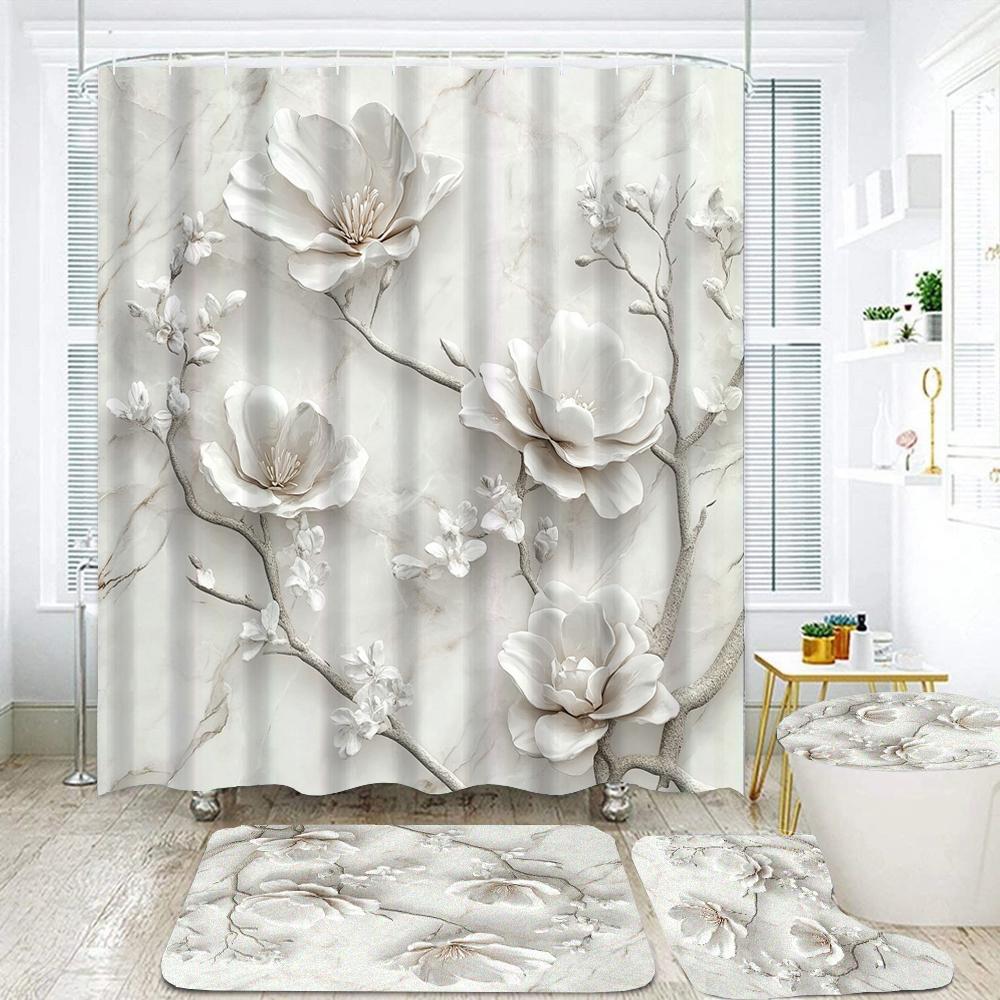 Elegant Bouquet Of Fantastic White Flowers 3D Style Shower Curtain Bathroom Curtain With Bath Rug Carpet Set Floral Home Decor