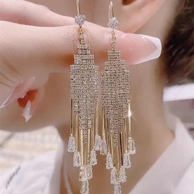 Trendy Geometric Crystal Tassel Earrings - High-End Rhinestone Luxury Fashion