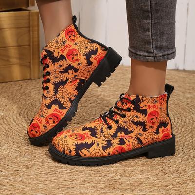 Moda Caveira Cabeça Impressa Botas Curtas Femininas 2024 Outono Inverno Nova Halloween Personalizado Tendência Impressa Botas de Trabalho Sapatos Casuais