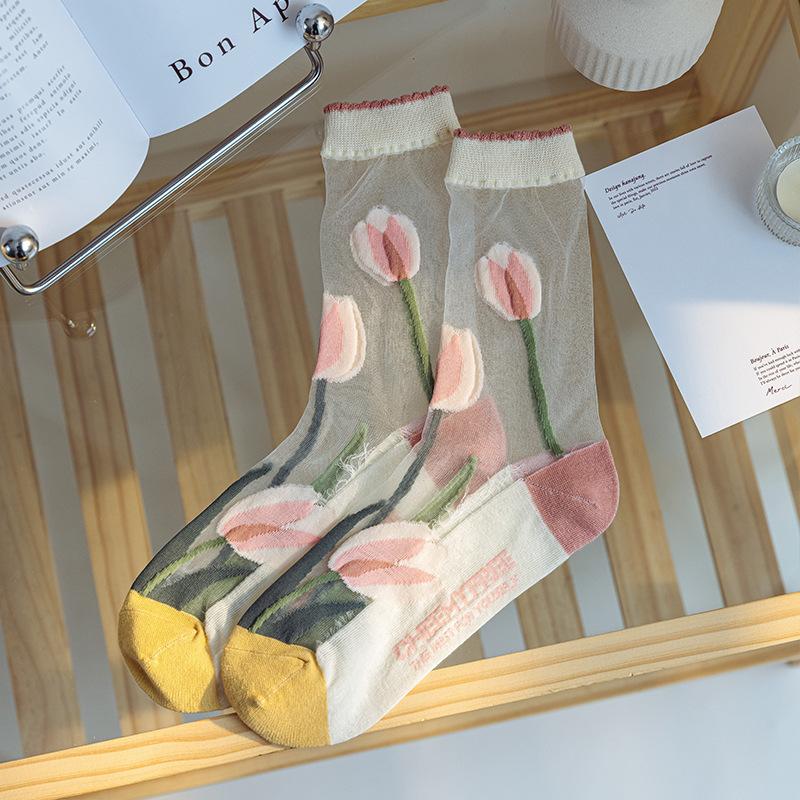 Spring/Summer Ultra Thin Vintage Crystal Silk Stockings for Women Socks for Women Mid-tube Stockings Breathable Cotton Sole Glass Silk Stockings