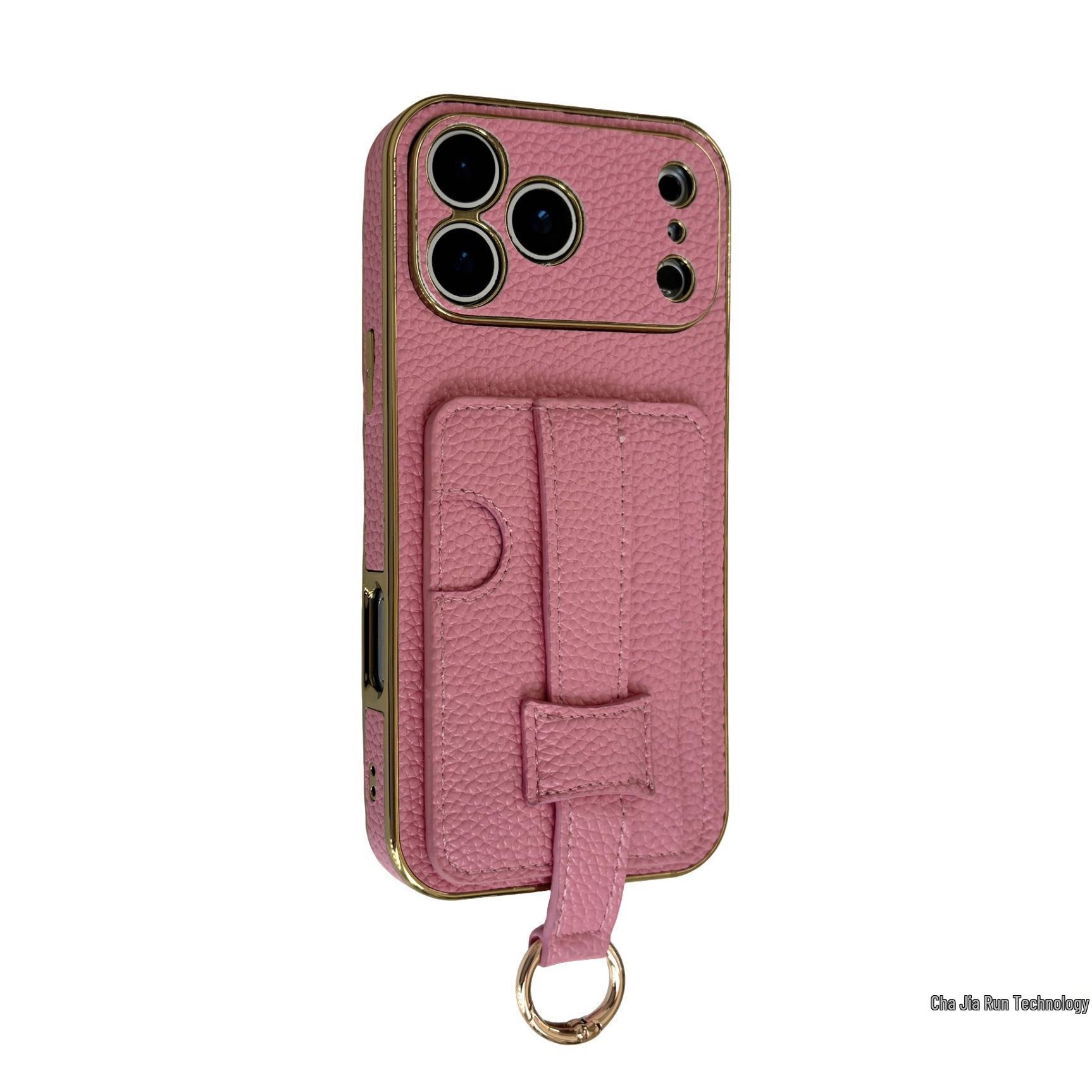 

Lychee Textured Sticker Skin with Card Slot and Wrist Strap for iPhone 17 Pro Max Case 13 Plus