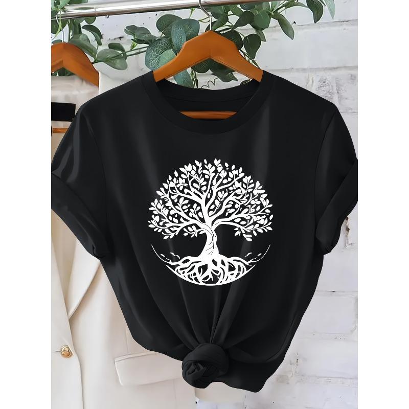 European Size Women'S Modern Style Short-Sleeve T-Shirt Featuring a Simple World Tree Design, Round Neck, Casual And Cute Summer Wear