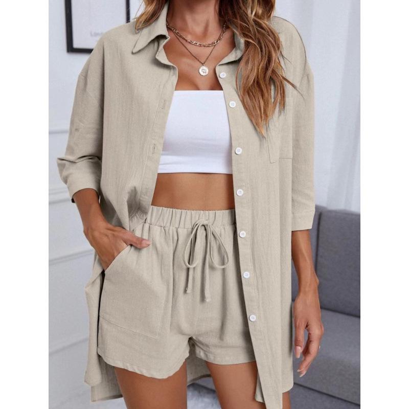 2023 Spring Women's Casual Patchwork Cotton Linen Two-Piece Set with Seven-Sleeves