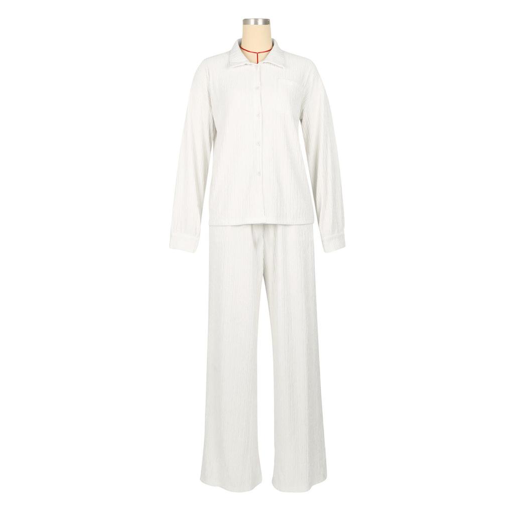 Women's Two-Piece Set: Long Sleeve Pleated Casual Shirt & Elastic Waist Straight Leg Pants