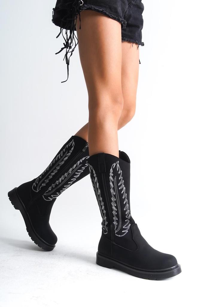 Moderne, stilvolle Mode-Stiefel für Damen, Kunstleder, hellbraun, matt, bestickter Reißverschluss, Western-Cowboystiefel