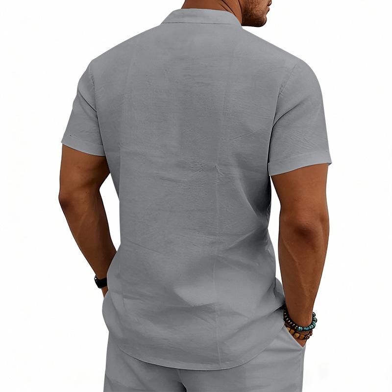 Men's Linen‑Blend Lace‑Up Stand‑Collar Shirt, Crisscross Tie Front V‑Neck, Short Sleeve, Breathable Relaxed‑Fit Medieval Renaissance Casual Summer Top