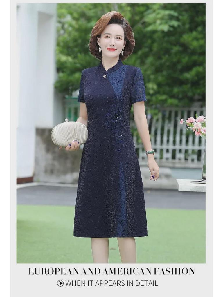 Elegant Short-Sleeve Cheongsam Dress for Stylish Mothers and Mother-in-Laws at Weddings