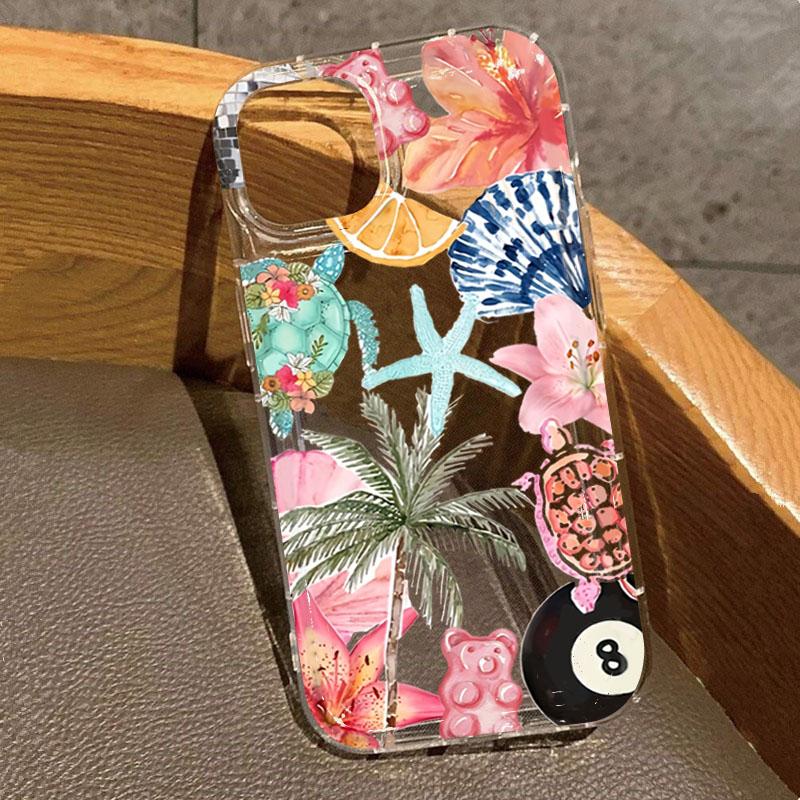 Transparent Floral Coconut Print Phone Case for IPhone 16 15 14 13 12 11 Pro 16E XR XS Max 7 8 Plus SE Mini Soft Silicone Covers iPhone 14