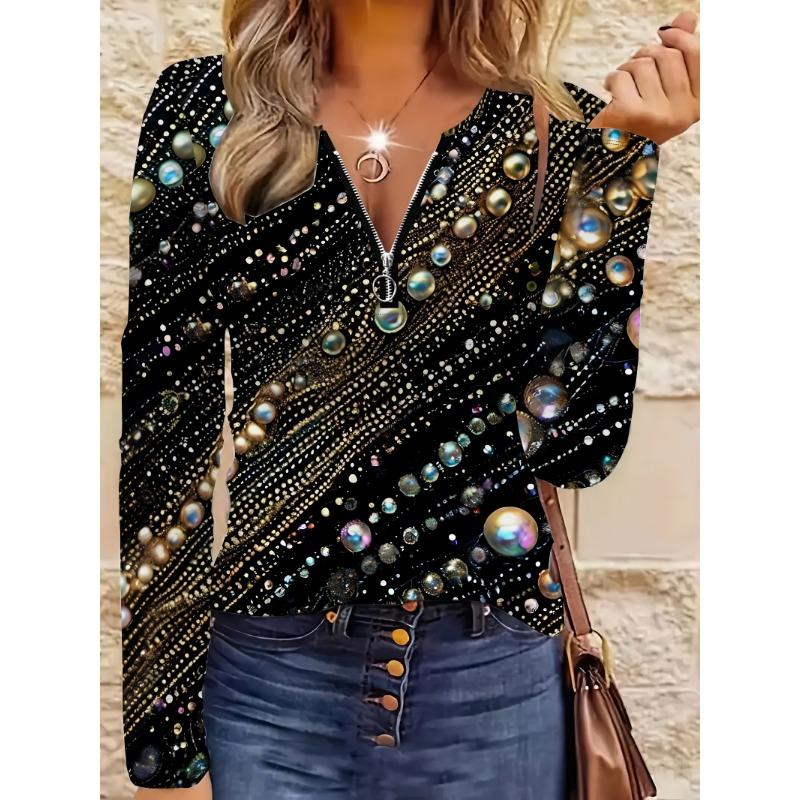 Jewelry Pattern Zipper T-shirt Casual Long-sleeved Top Suitable for Spring and Autumn Suitable for Home and Outdoor Wear