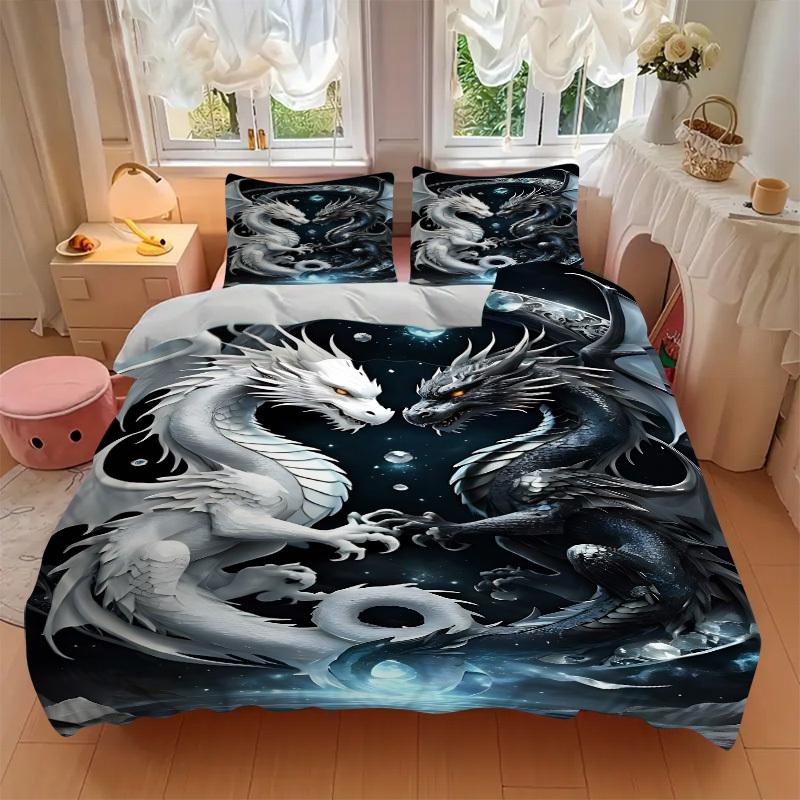 3PCs Mythical Dragons Design Cover Set, Breathable Fabric, Machine Washable (1 Duvet Cover + 2 Pillowcases) (Without Quilt) yy250911130