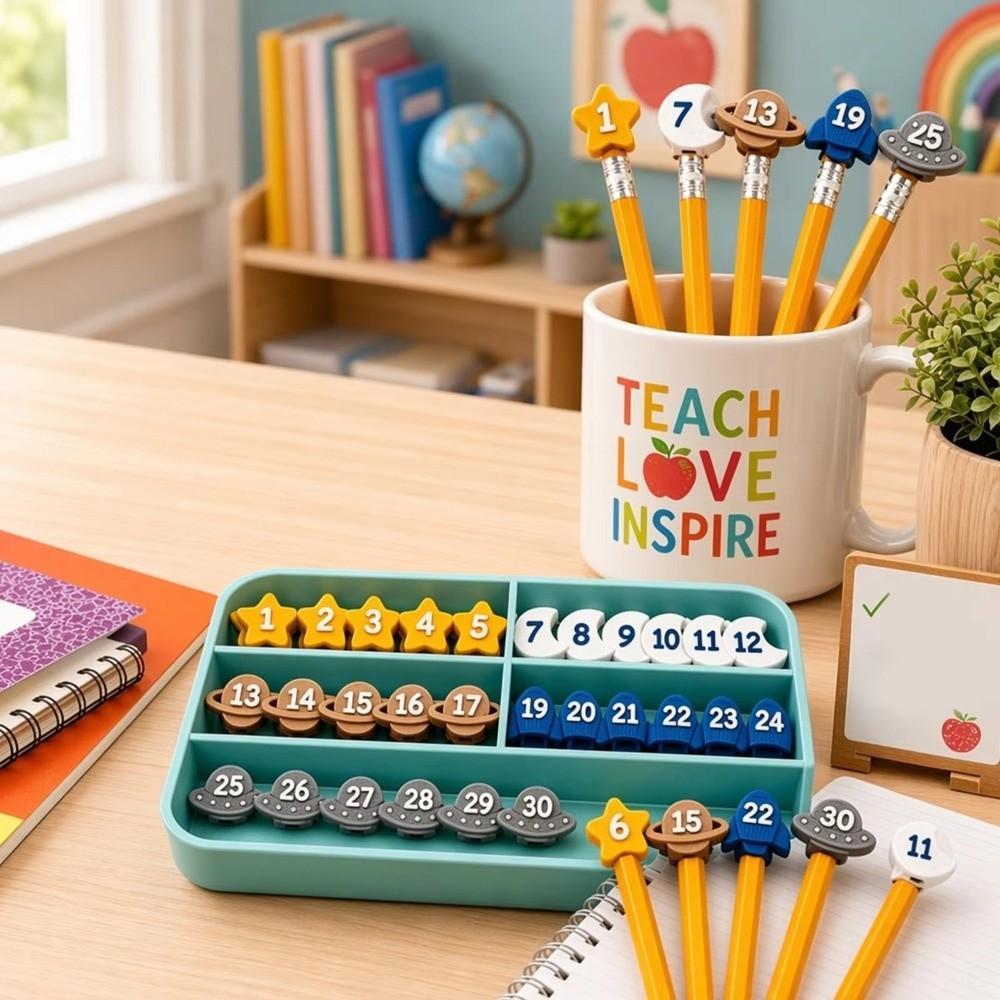 6/30PCS Space-Themed Numbered Pencil Toppers Reusable Pencil Labels Classroom Organization