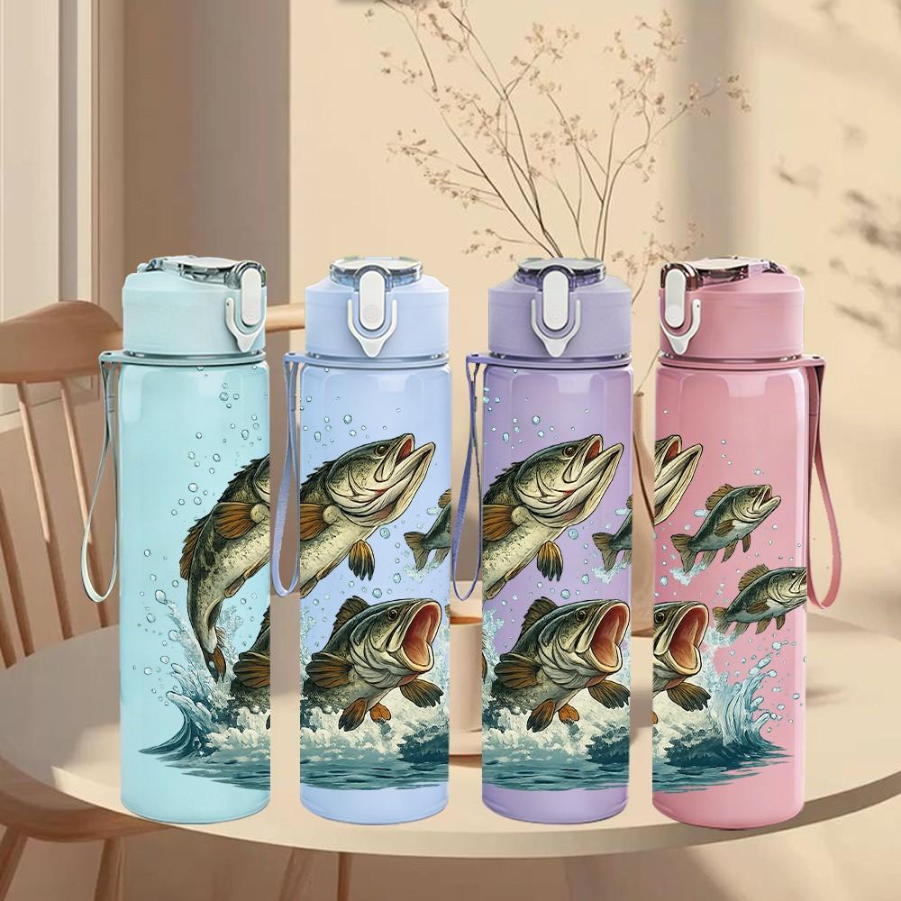 1PC Jumping Trout Fish Water Splash Print 750ml Color Plastic Sports Water Bottle Leakproof Flip Straw Lid Suitable for Sports Office Home Use