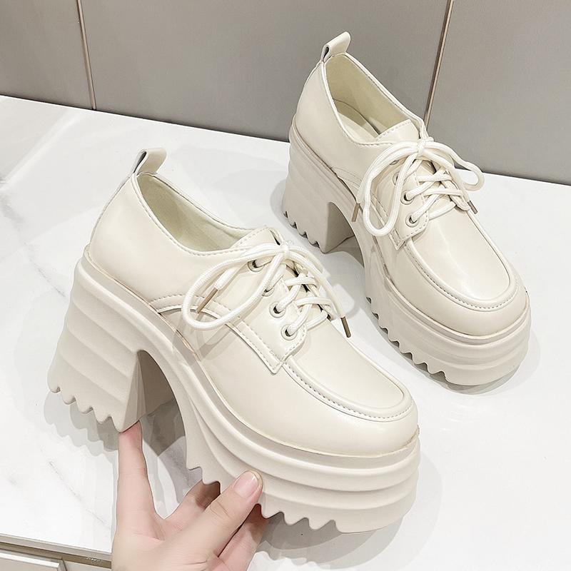 Fashion Black White Punk Rock Gothic Pumps Women Chunky Block High Heels Shoes Round Toe Lace Up Thick Platform Heel Shoes 2024
